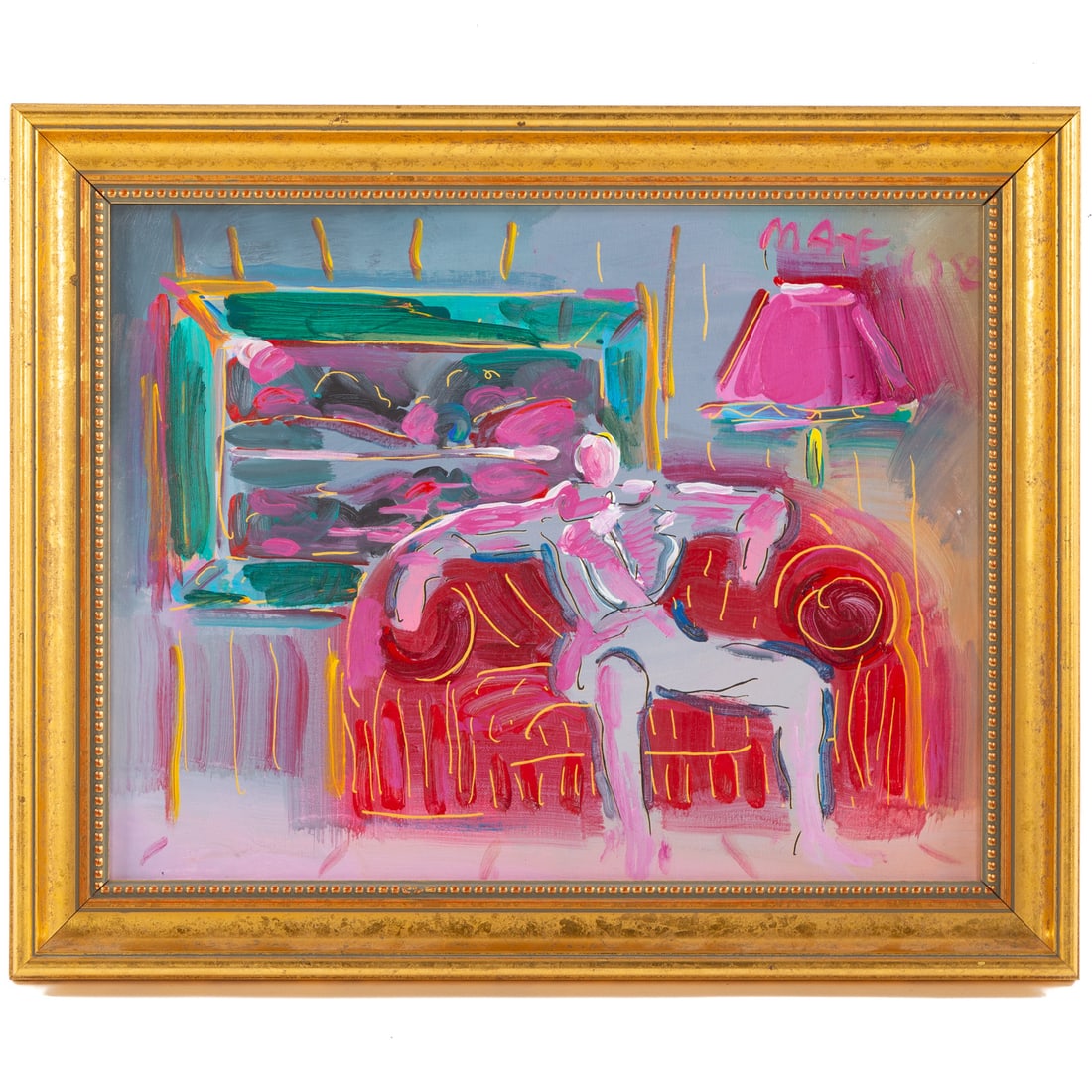 Peter Max. "Living Room (Man)" acrylic: (German/American, b. 1937) Acrylic on canvas, 1992, signed "Max" ur, information in ink on verso "#13475, copyright Peter Max 1992" canvas size: 14 x 18 in., framed size: 17 1/2 x 21 1/2 in. Provenanc