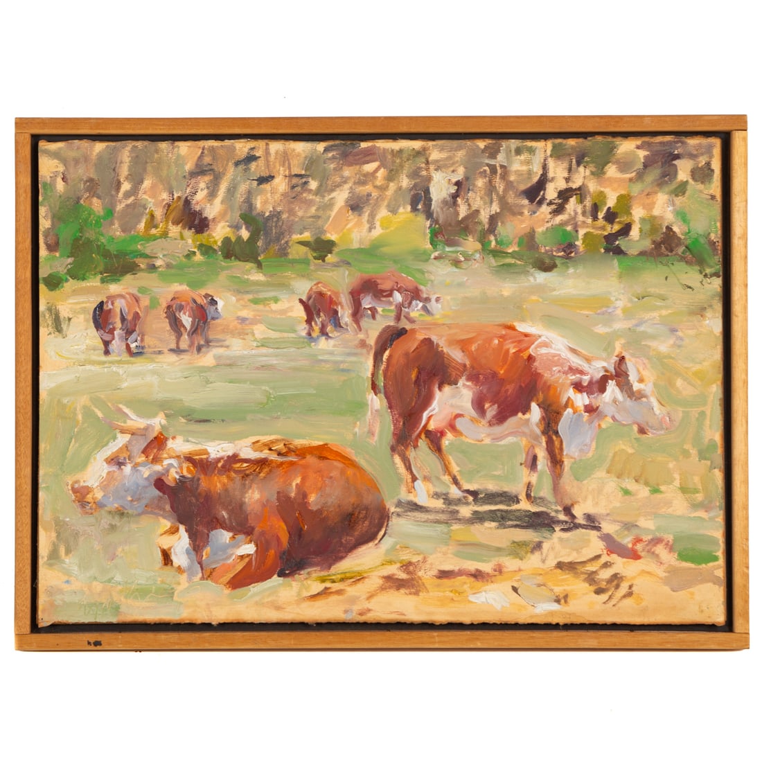 Raoul Middleman. Cows in a Field, oil: (American, 1935-2021) Oil on paper attached to board, signed and dated "Middleman, 73" ll, 14 x 19 3/4 in., framed size: 15 1/2 x 21 1/4 in. Provenance: From the Margaret and Jerry Guchemand collectio