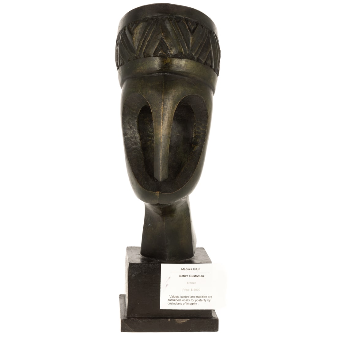 Makuda Francis Uduh. "Native Custodian," bronze: (Nigerian, b. 1964) Bronze sculpture, signed and numbered "Uduh F.M. 012," 20 3/4 in. H, 6 1/4 in. W, 8 1/2 in. D Provenance: From the collection of the artist