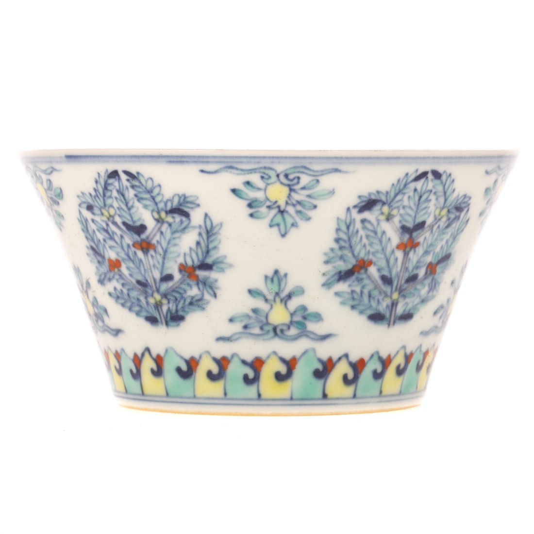 A Chinese Doucai Enamel Porcelain Bowl: Third quarter, 19th century, a Chinese Doucai enamel porcelain bowl with enamel floral medallion motifs, and Hsien-Feng reign mark on bottom, 3 in. H, 6 in. Diam.