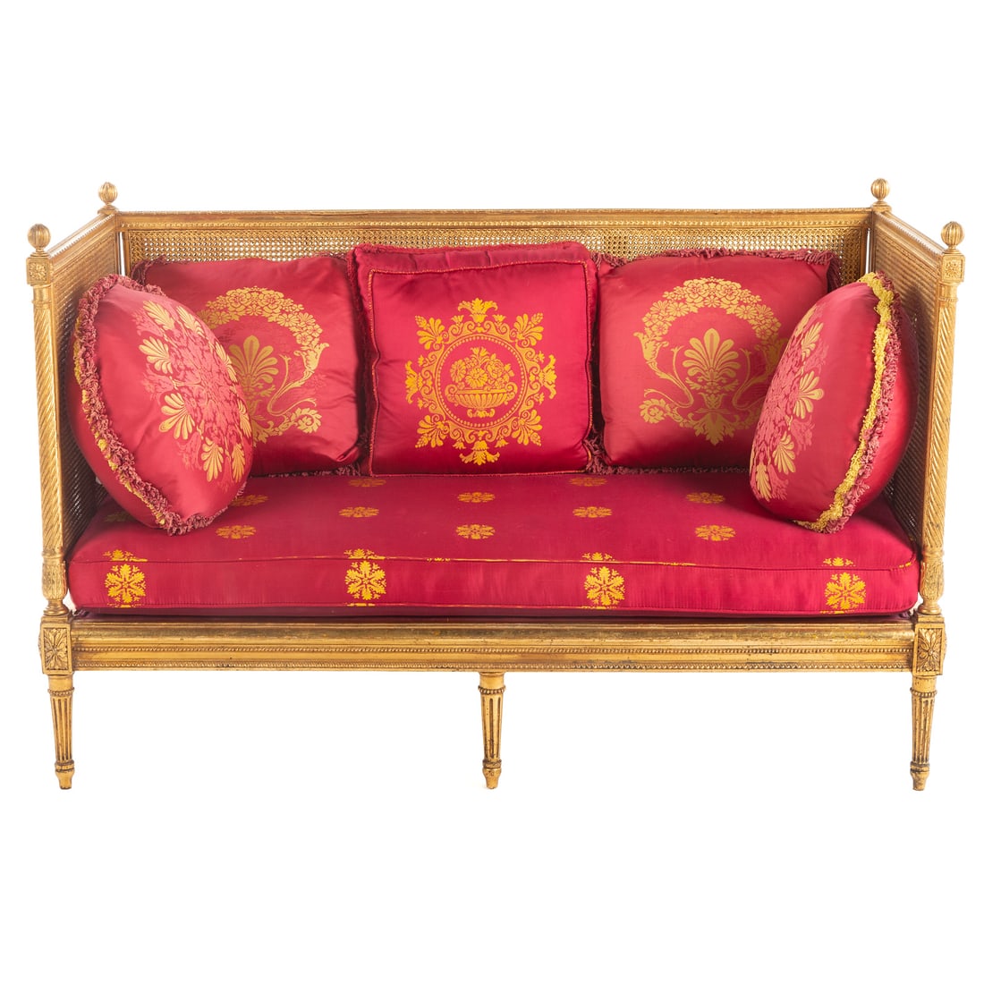Louis XVI Style Giltwood & Cane Settee: Carved high sided cane backed frame ending in turned and fluted feet, 40 1/2 in. H, 62 in. W, 29 1/2 in. D