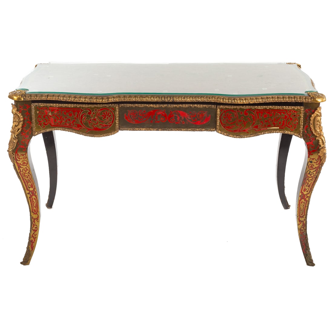 Louis XV Style Boulle Inlaid Bureau Plat: Shaped ebonized and faux tortoiseshell boulle inlaid top over matching two-drawer apron and cabriole legs, 30 1/2 in. H, 51 in. W, 27 3/4 in. D