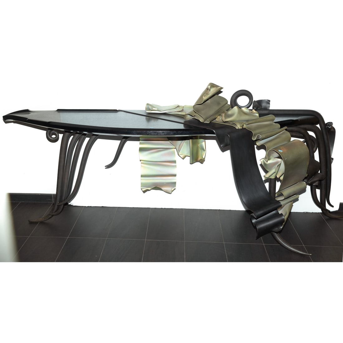 Albert Paley, Large Demilune Console: Albert Paley (b.1944) Large demilune console, forged formed and fabricated mild steel, yellow zinc, Honduras mahogany, signed and dated, Albert Paley, 1992, 36 in. H, top of ribbon 47 in. H, 105 in. L