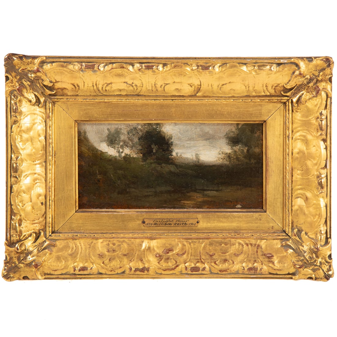 Attributed to William Keith. "Twilight Hour," oil: (British, 1838-1911) Oil on panel, unsigned, sight size: 4 1/4 x 8 3/4 in., framed size: 9 1/2 x 14 in. Provenance: From the Margaret and Jerry Guchemand collection, Baltimore, MD