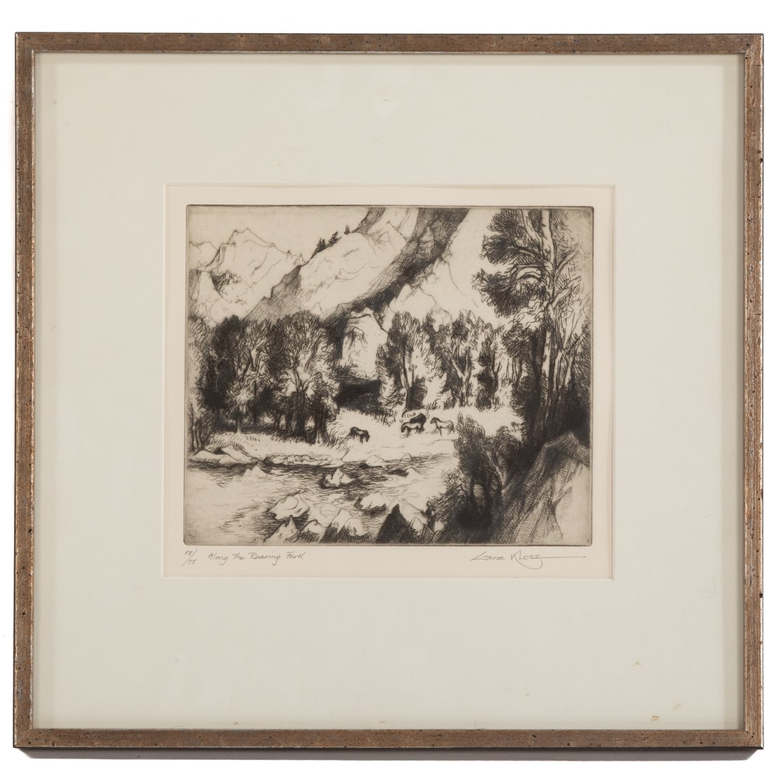 Gene Kloss. "Along the Roaring Fork," etching: (American, 1903-1996) Etching, ed. 58/75, signed "Gene Kloss" lr, plate size: 7 1/2 x 9 in., framed size: 15 1/2 x 16 1/4 in. Provenance: From the Margaret and Jerry Guchemand collection, Baltimore, M