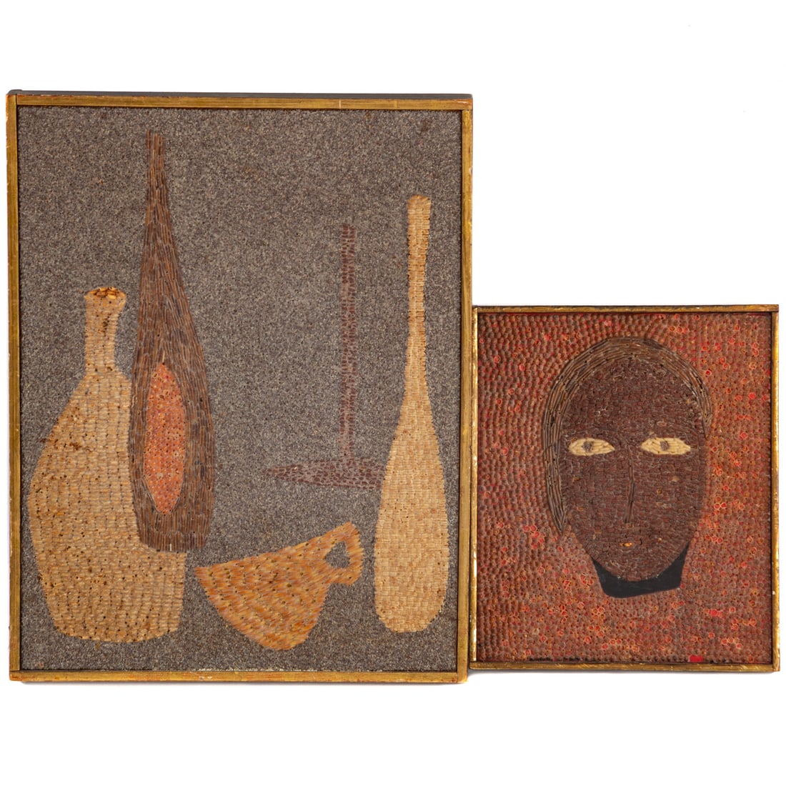 Karl Mann. Portrait Seed Painting: (American, b. 1930) Composition of seeds and grains on board, 1955, information regarding medium on verso, pencil signed and dated on verso, sight size: 9 1/2 x 8 in., framed size: 10 x 8 1/2 in., tog