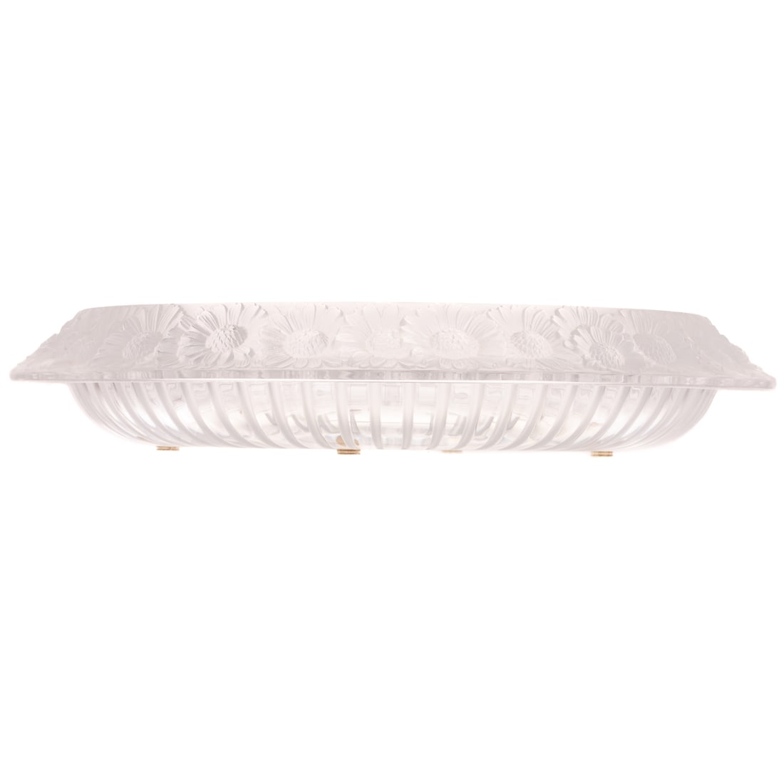 A Lalique "Marguerites Daisy" Crystal Center Bowl: A Lalique crystal "Marguerites Daisy" center bowl with frosted daisy blossoms around flared rim in high relief, incised on bottom "Lalique France," 2 1/2 in. H, approx. 14 1/4 in. Diam. Provenance: Wi