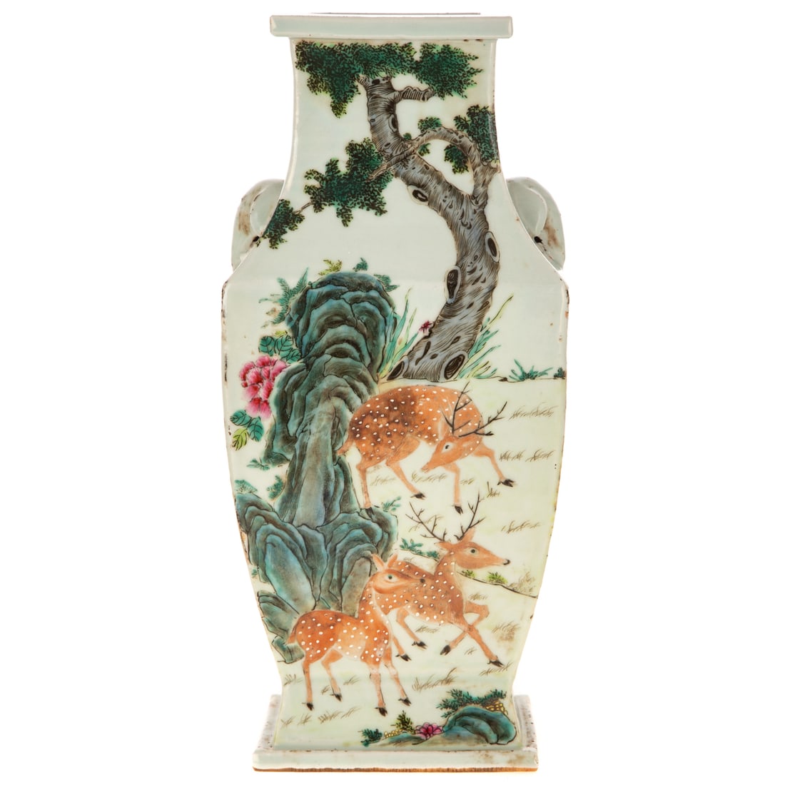 A Chinese Famille Rose Porcelain Vase: Early 20th century, a Chinese Famille Rose porcelain vase depicting deer in a landscape and dual elephant ornaments, 14 in. H, 6 1/2 in. L, 5 in. D