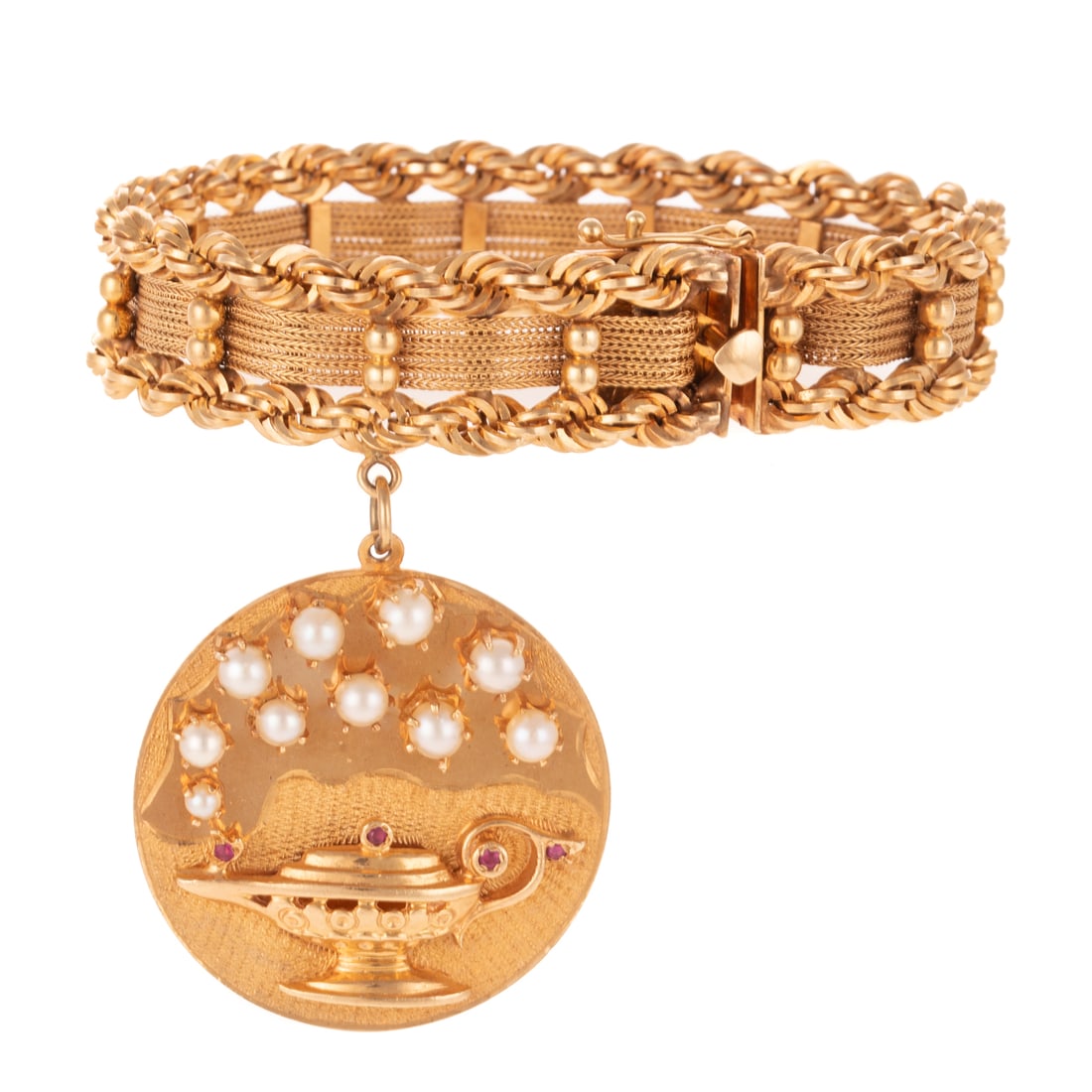 A Wide Chain Link Bracelet with Large Charm in 14K: 14K yellow gold wide bracelet with four row woven chains in between outer edge rope chains, with box clasp and safety latch, with 14K yellow gold disc charm featuring a genie's lamp with cultured pear