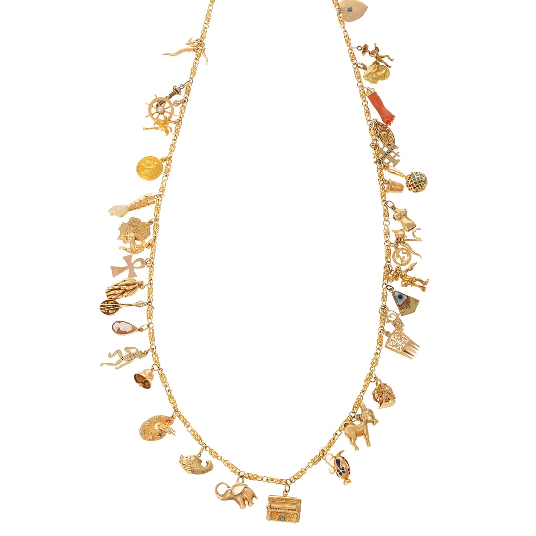 A 40 Charm Italian Chimento Necklace in 18K: 18K yellow gold fancy wire link Italian necklace by Chimento with 40 assorted charms, including a bunch of bananas, artist's palette, piano, donkey, maraca, ferris wheel and more; (17) 18K charms, (18