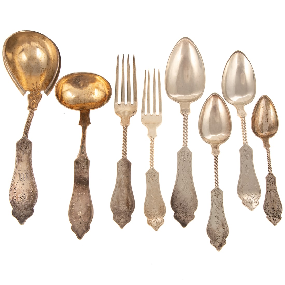 Duhme & Co. Coin Silver Partial Flatware Service: Cincinnati, OH, c.1842-1896, with rope-twist handles and bright-cut decoration on the handles. Including: 13 dinner forks, six dinner spoons, 10 luncheon/salad forks, five luncheon spoons, eight teasp