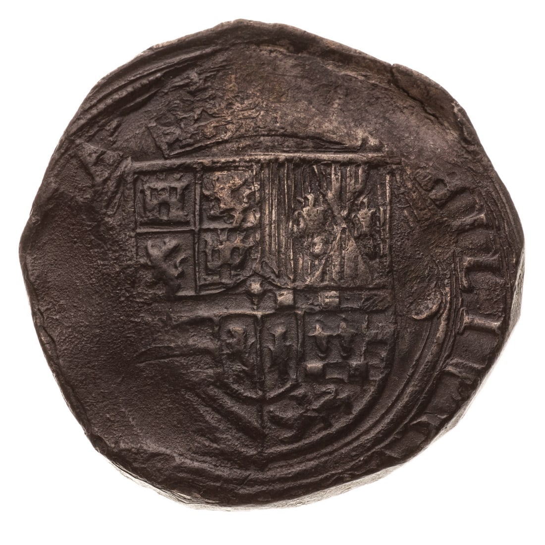 Phillip II 8 Reale 1556-1598 O/M: A Seville minted coin that is darkly toned on the shield side and silver colored on the cross side with dark toning around the edges Provenance: From the Estate of a Maryland Collector