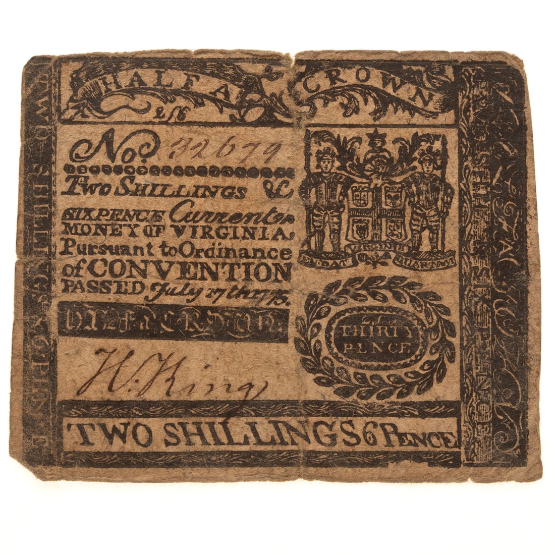 Virginia Colonial Currency 7/17/1775, 2 Shillings (1 of 2)