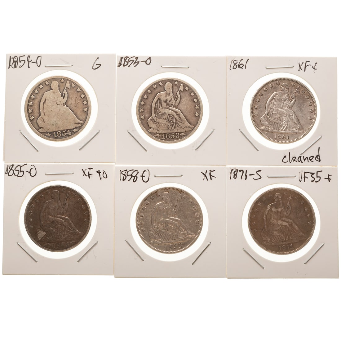 A Half Dozen Seated Liberty Halves: 1853-O VG,1854-O G, 1855-O VF35 and close to a full XF, 1858-O XF, 1861 Xf cleaned, 1871-S VF30