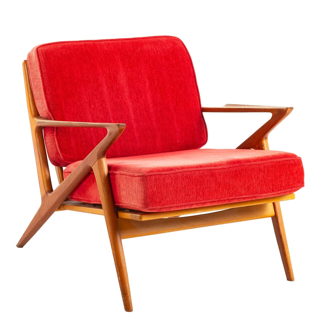 Poul Jensen Mid Century "Z" Chair by Selig: Full teak frame with loose back and seat cushions, 29 1/2 in. H, 30 in. W, 36 in. D