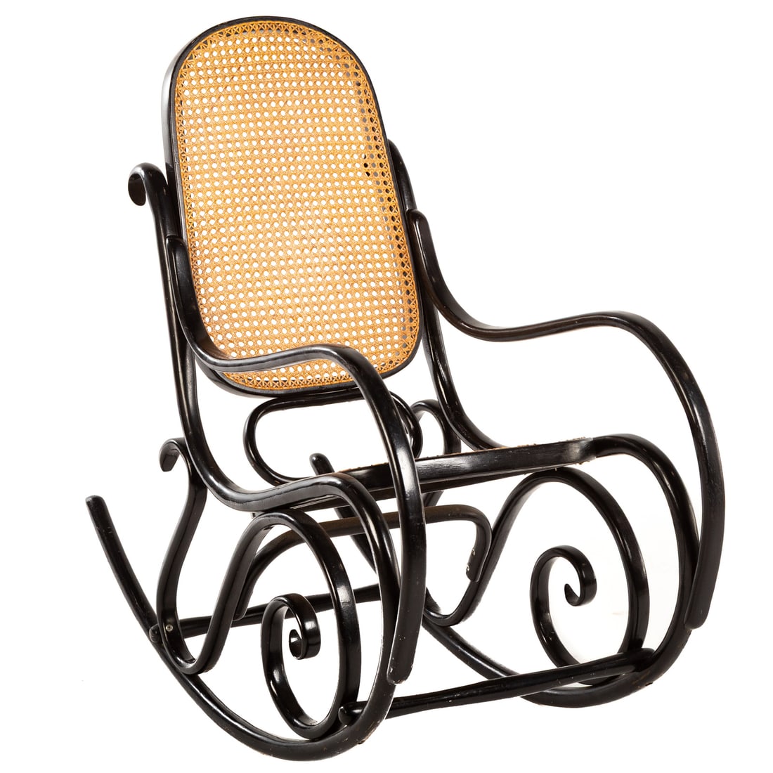 Vintage Thonet Ebonized Bentwood & Cane Rocker: Michael Thonet signature rocker, branded "Thonet," "FWW" and two "5" marks on back, 41 in. H, 20 1/2 in. W, 43 in. D