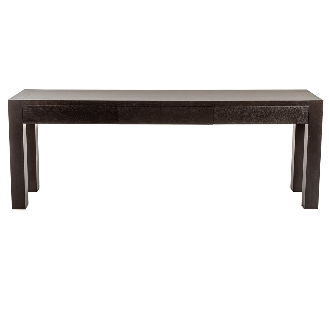 Contemporary Ebonized Three-Drawer Console Table: Incised top and apron resting on square legs, 31 1/2 in. H, 86 1/2 in. W, 19 3/4 in. D