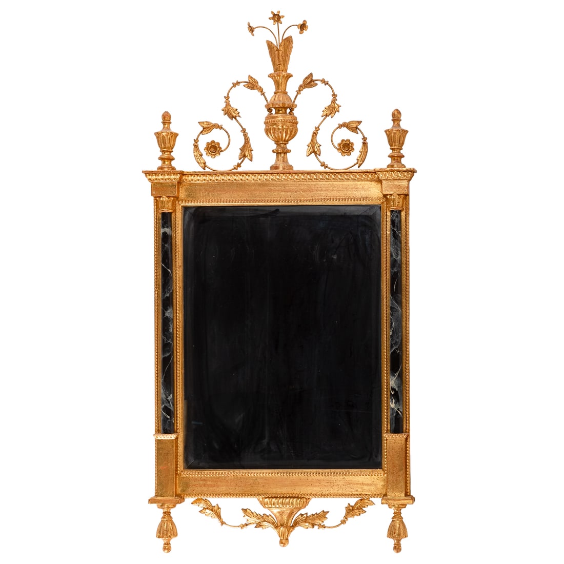 Rococo Style Giltwood Mirror: Craved giltwood urn and floral finial over beveled glass mirror flanked by faux marble columns ending in a floral embellished drop finial, 60 in. H, 30 1/4 in. W
