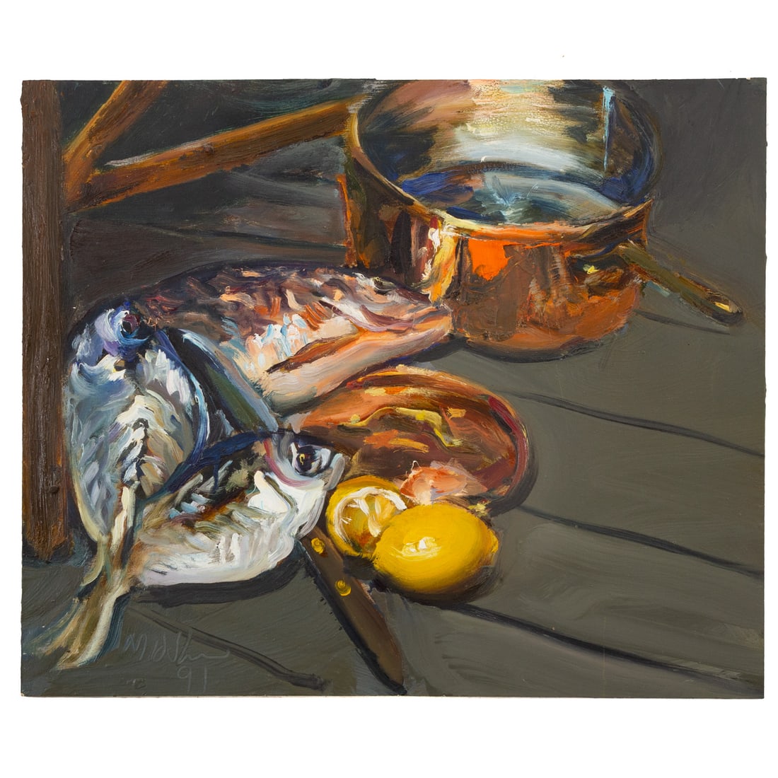 Raoul Middleman. Fish and Lemons, oil: (American, 1935-2021) Oil on board, signed and dated "Middleman, '91" ll , 16 x 19 in., unframed Provenance: From the Margaret and Jerry Guchemand collection, Baltimore, MD