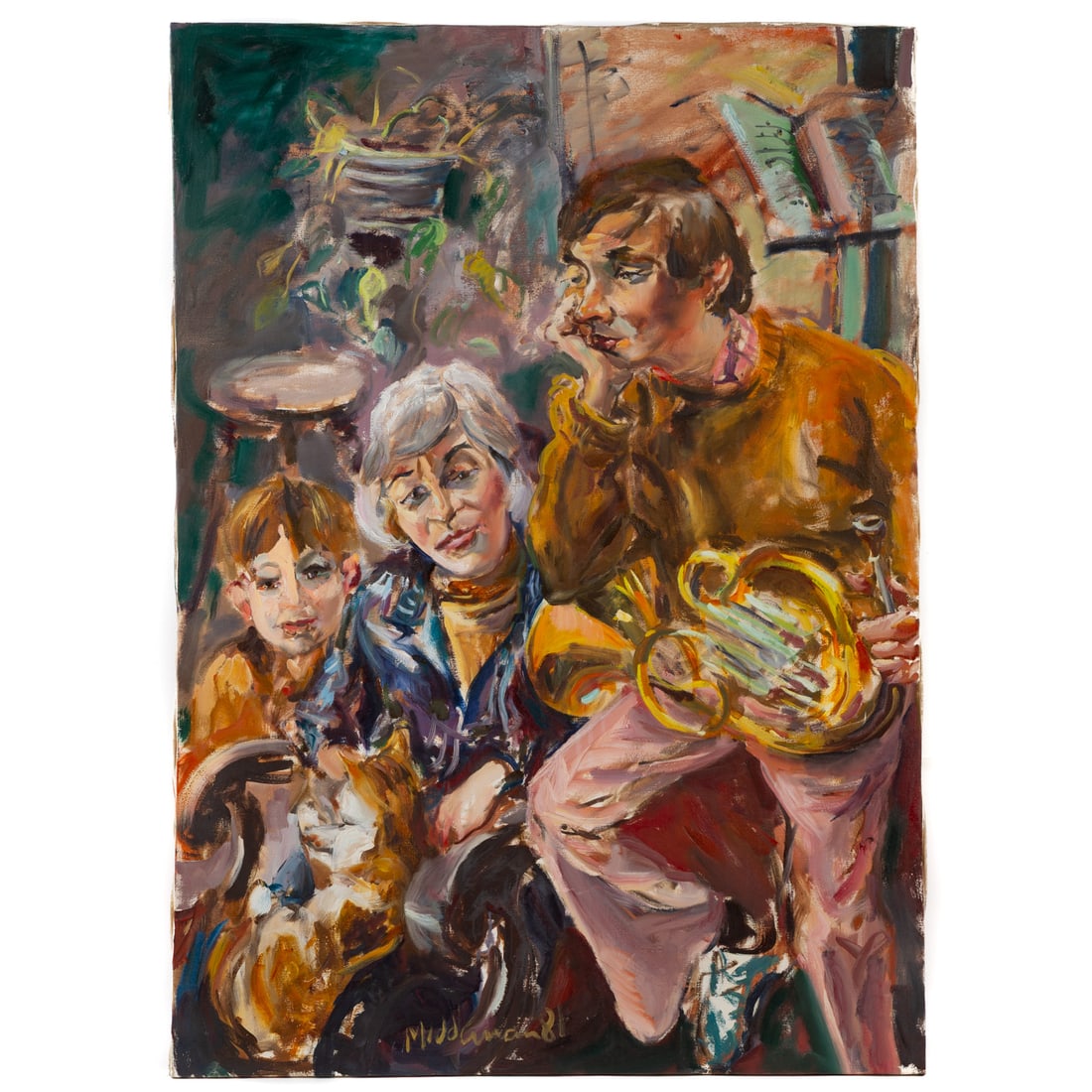 Raoul Middleman. Guchemand Family Portrait, oil: (American, 1935-2021) Oil on canvas, signed and dated "Middleman, '81" lc, , 56 x 40 in., unframed Provenance: From the Margaret and Jerry Guchemand collection, Baltimore, MD