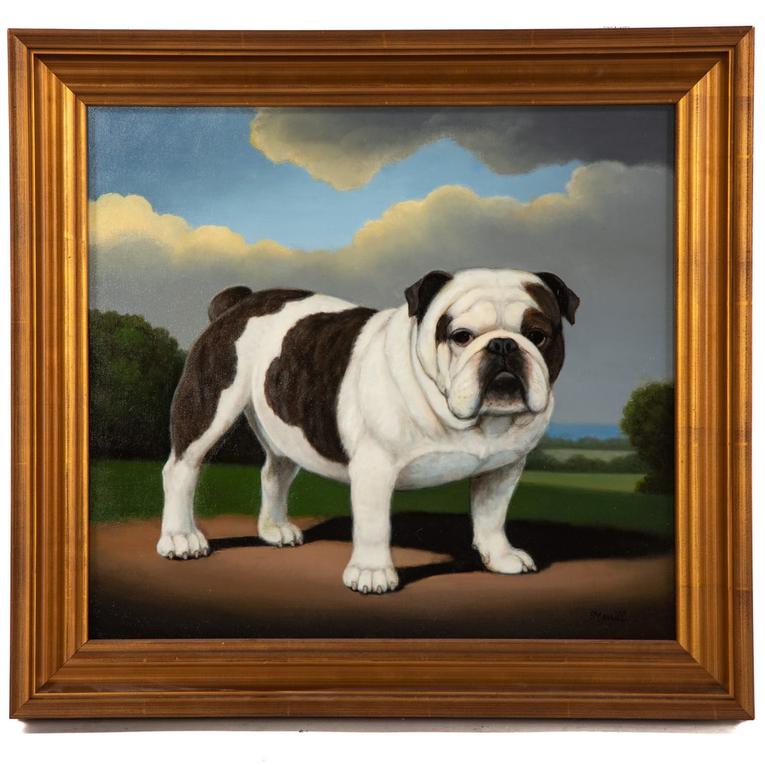 Christine Merrill. "Bulldog," oil: (American, 20th century) Oil on canvas, signed "Merrill" lr, further identifying information on verso, canvas size: 20 x 22 in., framed size: 26 x 28 in. Provenance: From the collection of the artist,