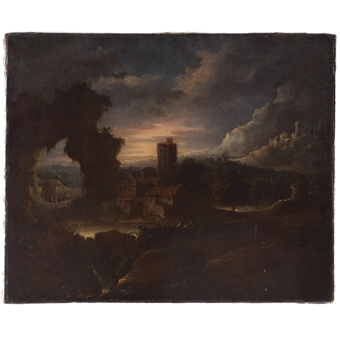 Attributed to Francesco Zuccarelli. Landscape with Buildings and Figures, oil: (Italian, 1702-1788) Oil on canvas, attribution on verso, sight size: 18 x 22 in., framed size: 24 1/2 x 29 in. Provenance: From a private Maryland collection