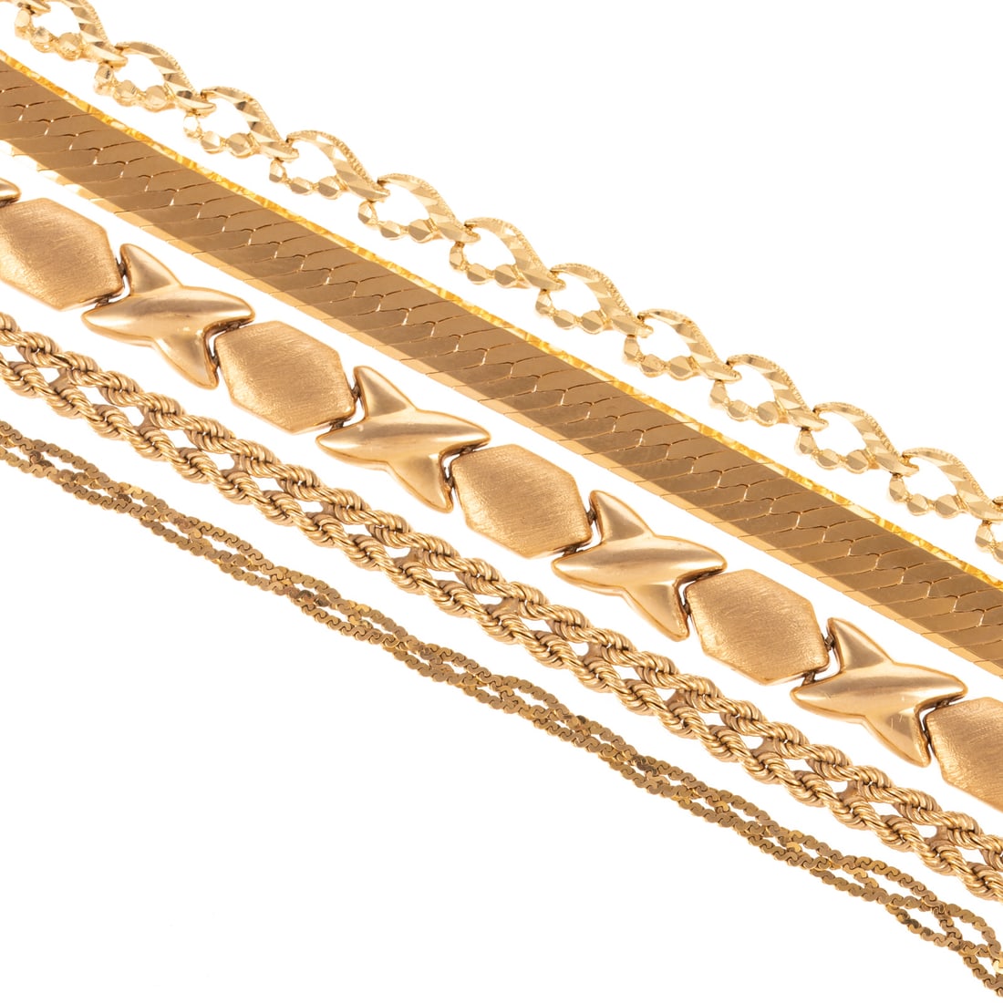 Five Textured Link Bracelets in 14K: 1) 14K yellow gold "X" link bracelet, brushed and high polish, box clasp with safety latch, 7 in. L, 2) 14K yellow gold 6 mm herringbone bracelet by Leslie's Jewelry, lobster clasp, 7 in. L, 3) 14K ye