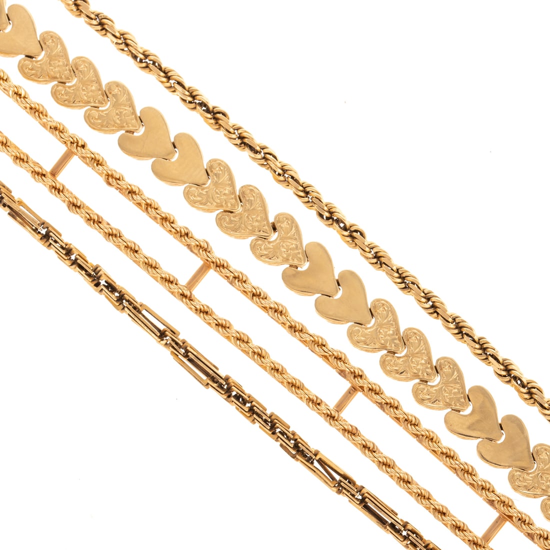 Four Classic Chain Link Bracelets in 14K: 1) 14K yellow gold heart link bracelet with textured and high polish alternating links, box clasp with safety latch, 7 in. L, 2) 14K yellow gold rope chain bracelet, barrel clasp with safety latch, 7