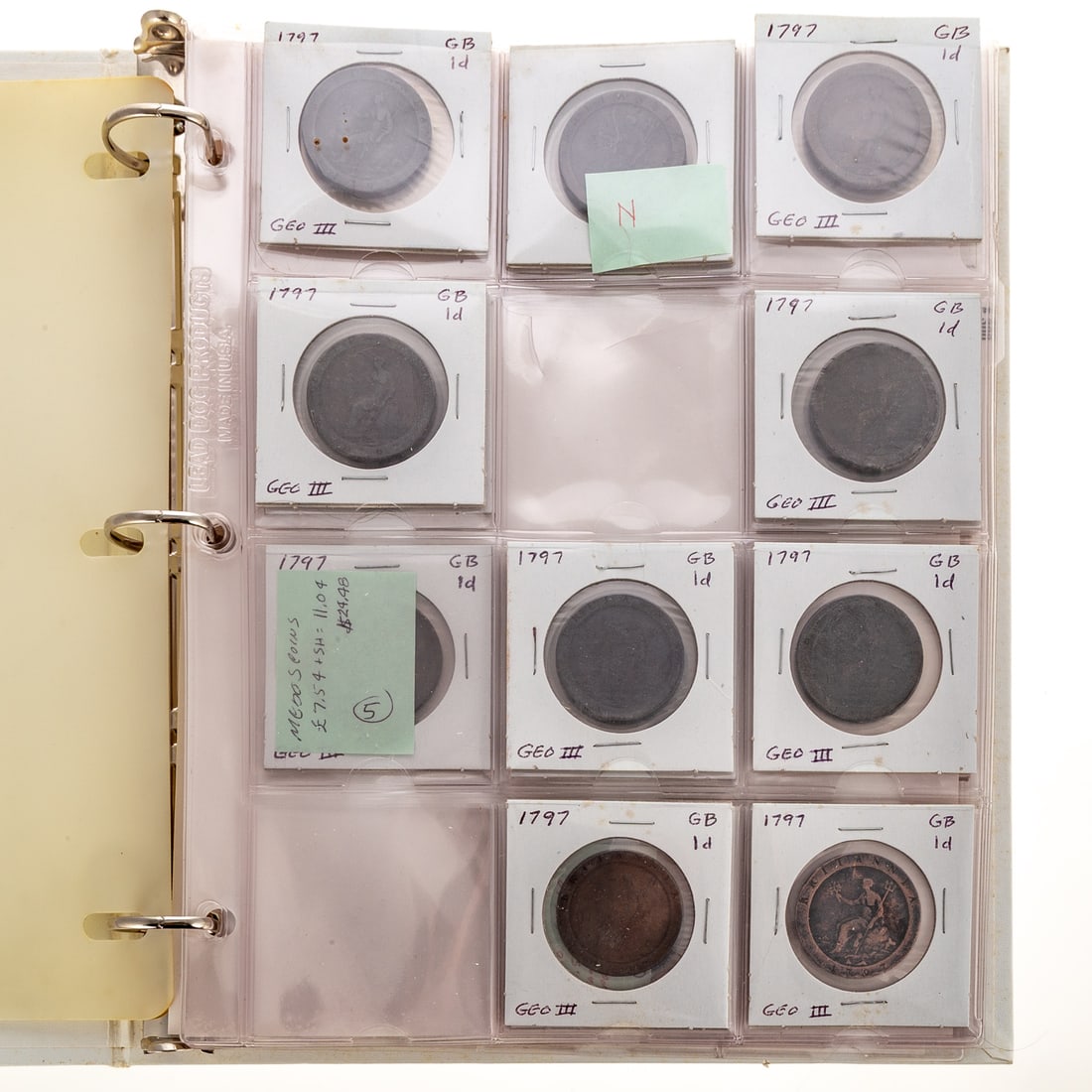 Looseleaf Notebook of 32- 1797 English Coppers: In the late 18th century England got steam powered coin presses, created by James Watt and Matthew Boulton, about 40 years before the U.S. Mint. They decided to strike some copper coins on the new pre