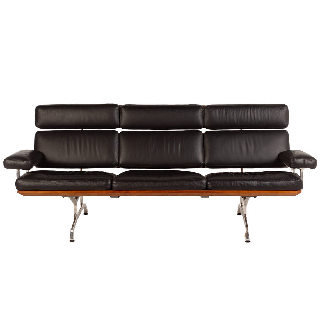 Charles & Ray Eames ES108 Sofa, Herman Miller: Three cushion leather, teak and chrome sofa, with Herman Miller mark on bottom, 32 1/2 in. H, 79 in. W, 24 in. DProvenance: From the private collection of Reza and Yasmine Pahlavi, Potomac, MD
