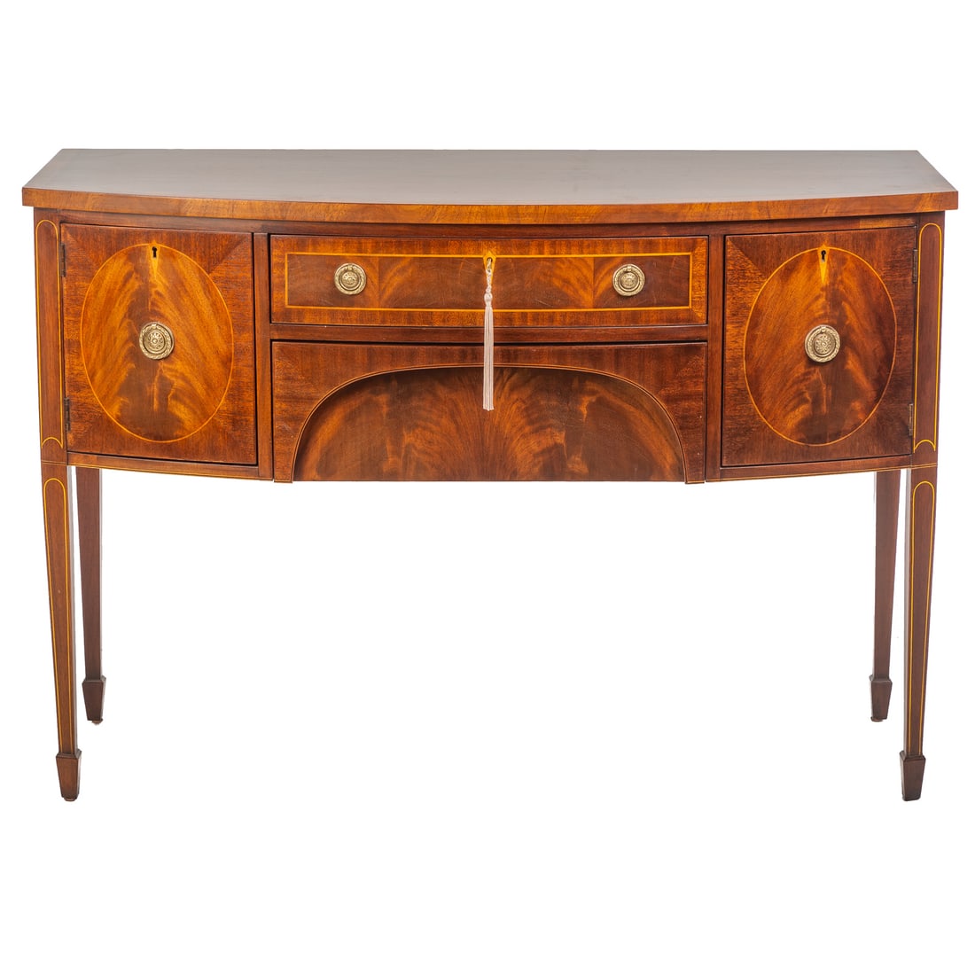 Henkel Harris Mahogany Inlaid Sideboard: Banded and string inlaid bowfront top over two drawers flanked by two doors, supported by tapered rhombus legs ending in spade feet, 35 3/4 in. H, 52 in. W, 23 in. DProvenance: From the estate of Davi