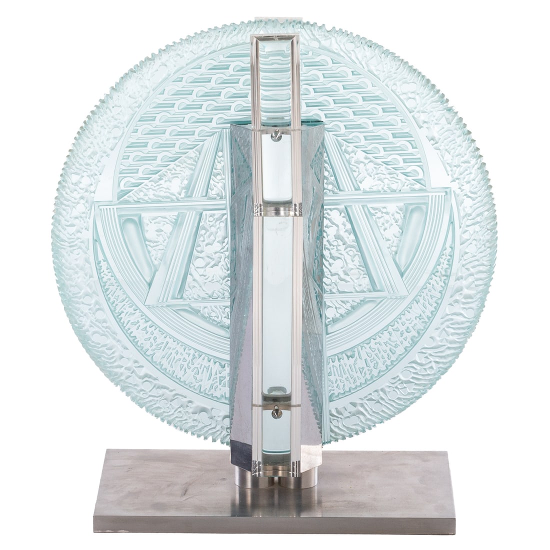 Eric Hilton "Alignment" Mixed Media Glass Sculpture: Large and elaborate glass sculpture by Eric Hilton (Scottish / American and important to note a Consultant to Steuben glass after arriving in American in 1971) A significant piece of sculptural mathem