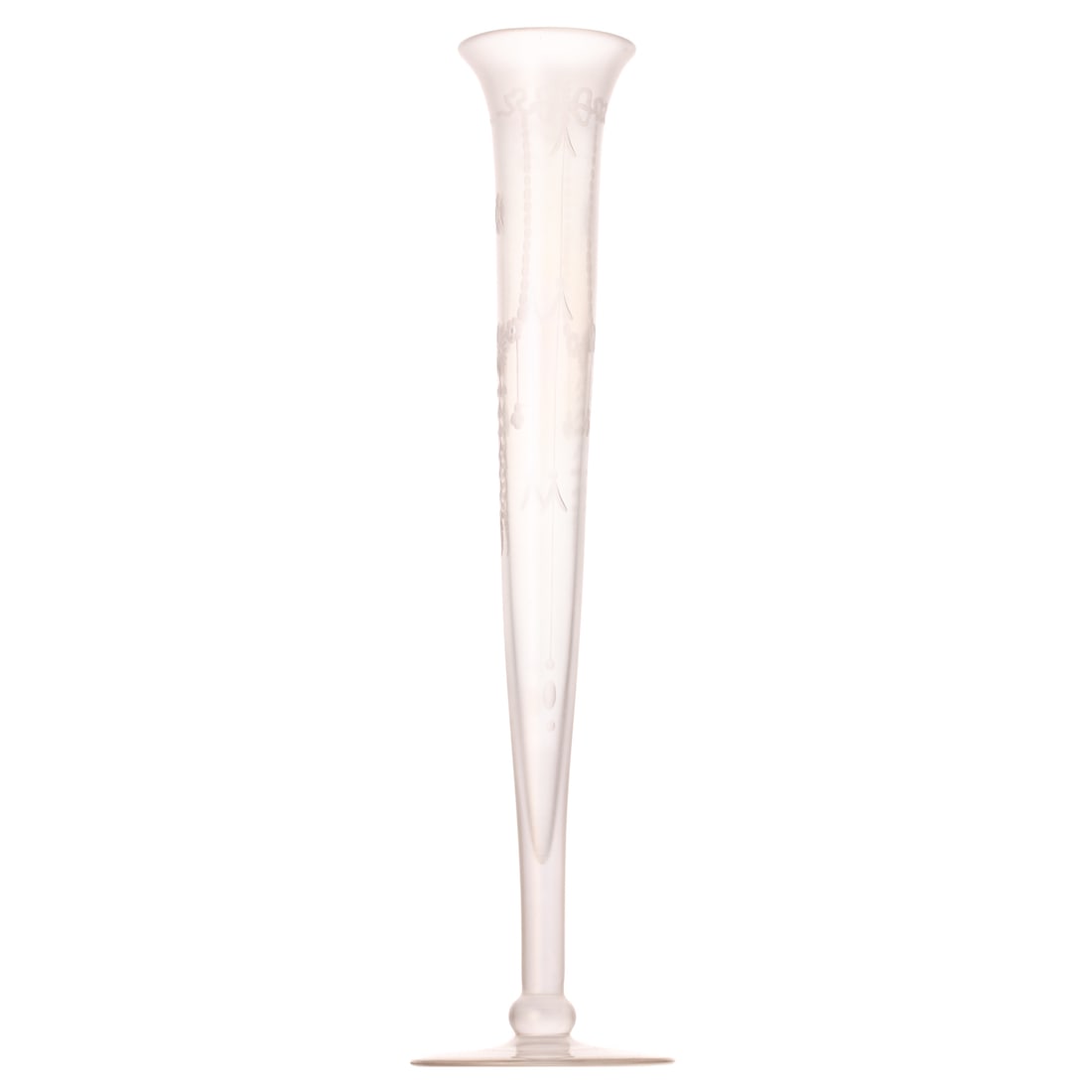 A Hawkes & Steuben Iridescent Verre de Soie Vase: An iridescent trumpet vase by Steuben with engraved ribbon, bow, and floral engraved by Hawkes, acid etched signature "Hawkes" on bottom, 12 3/4 in. HProvenance: From a Baltimore collection