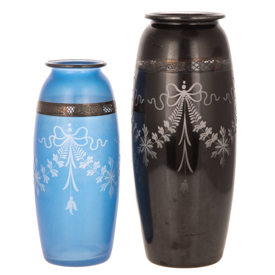 Two Hawkes & Steuben Vases: 1930s, black Hawkes and Steuben vase with silver relief at top, with bow and floral motifs, marked "Hawkes" on bottom, approx. 10 in. H; and a blue glass Hawkes and Steuben vase with silver relief at