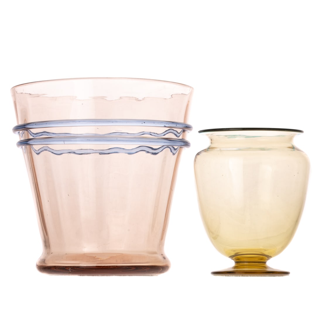 Two Frederick Carder for Steuben Vases: An amber and Flemish blue rim Frederick Carder for Steuben vase, #938, unmarked, approx. 5 1/4 in. H, 4 1/4 in. Diam.; and a colorless with blue ribbing Frederick Carder for Steuben vase, unmarked, 6