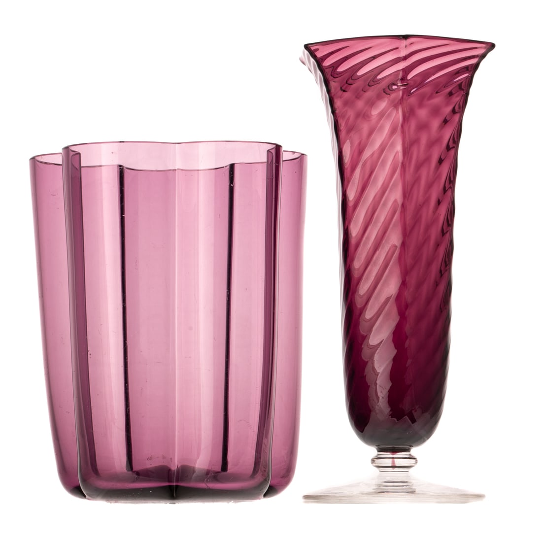 Lobed Steuben Vase & Carder for Steuben Spiral Vase: An amethyst Steuben five lobed transparent vase with acid etched Fleur-de-lis "Steuben" signature on bottom, 6 in. H, 5 in. Diam.; and an amethyst Frederick Carder for Steuben spiral ribbed transparen