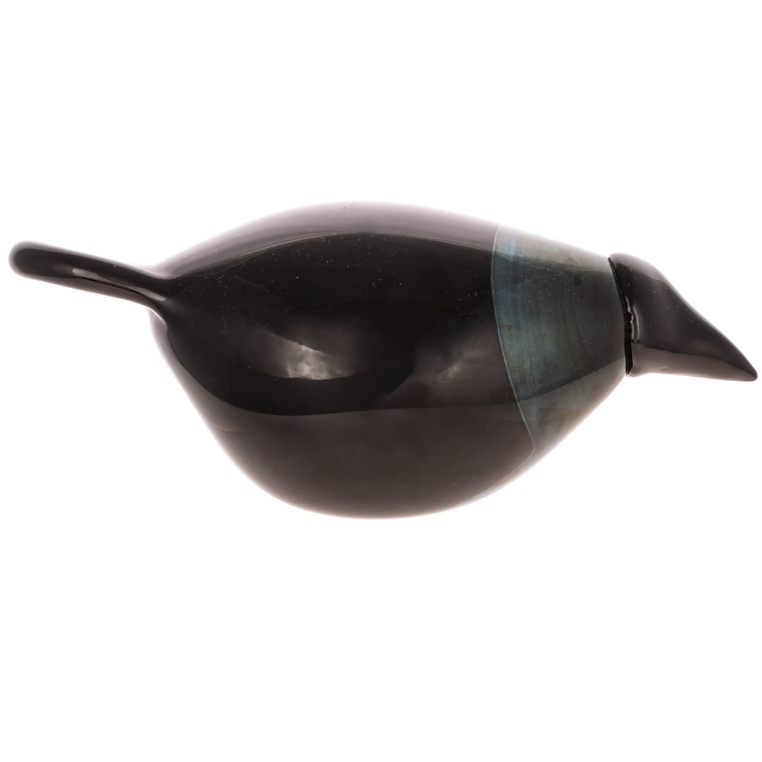 Oiva Toikka Abstract Blown Glass Crow: (Finland, late 20th century) Iittala glass, with signature and workshop marks underneath. Includes informational booklet, 3 1/8 in. H, 9 1/4 in. L, 4 1/4 in. W
