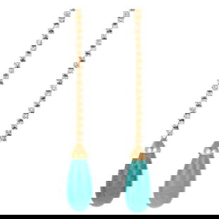 A Pair of Turquoise & Diamond Earrings in 14K: 14K yellow gold dangle earrings featuring a well articulated line of round diamonds weighing approx. 0.35 ctw terminating in a gold capped elongated turquoise drop, posts with friction backs, 2 1/8