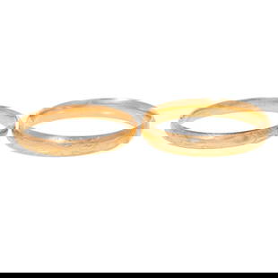 Two Engraved Bangles in 14K: 1) 14K yellow gold bangle with foliate and floral engravings with sandblasted and high polish finish, signed "JW," hidden box clasp, 2 1/4 in. interior Diam., and 2) 14K yellow gold bangle with half