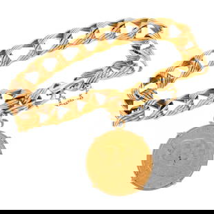 An Apollo 11 Medal & Heavy Bracelet in 21K & 18K: 21K yellow gold commemorative Apollo 11 medal in a 18K yellow gold bezel affixed to an 18K yellow gold decorative twisted link chain, fold over clasp with safety chain, signed "SANZ," 7 3/4 in. L,