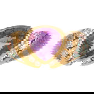 A Kabana Amethyst, Diamond & Opal Ring in 14K: 14K yellow gold ring by Kabana featuring a bezel set custom cut pear shape amethyst with channel set diamonds and inlaid opal in shoulders of ring, sighed, sz 6.5, 5.9 grams