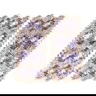 A Pair of Iolite & Diamond Earrings in 14K: 14K white gold earrings featuring a checkerboard pattern of round diamonds bead set in a raised rhombus and channel set oval iolites, posts with Omega backs, signed "MRB," 1 5/8 in. L, 8.4 grams