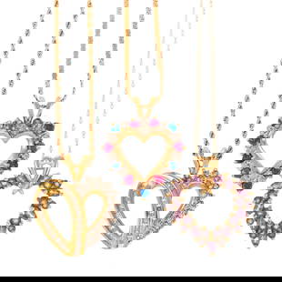 Three Necklaces & Pendants in 14K & 10K: 1) 10K yellow gold open heart pendant featuring prong set round blue and pink sapphires alternating with prong set diamonds, hanging on an Italian 14K yellow gold serpentine chain, spring ring clasp,