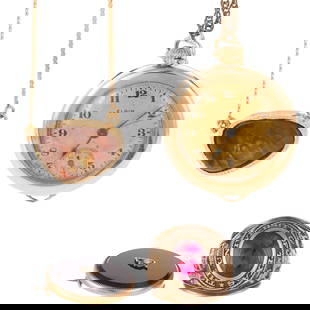An Opal Necklace, Elgin Pocket Watch, Ring & Pin in 14K & 10K: 1) 14K yellow gold pendant necklace featuring a free form fire agate bezel set on integrated serpentine chain, 16 in. L, 2) 14K yellow gold Elgin pocket watch, gold toned dial, Arabic numerals and blu