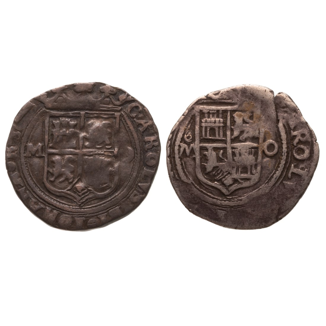 A Pair of Carlos & Joanna 1 Reales Mexico City: Charles I (Carlos I) and Joanna the Mad (Juana la Loca) ruled Spain from 1516-1556. They were the first rulers who minted coins for use in the Americas starting in 1536 and the1 reales made up 50% of 