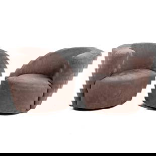 A Pair of Vladimir Kagan Nautilus Chairs for Preview: A pair of fully velour upholstered swivel chairs with single arms, each: 29 1/2 in. H, 35 in. Diam. From the collection of the Pines Family, Baltimore, MD