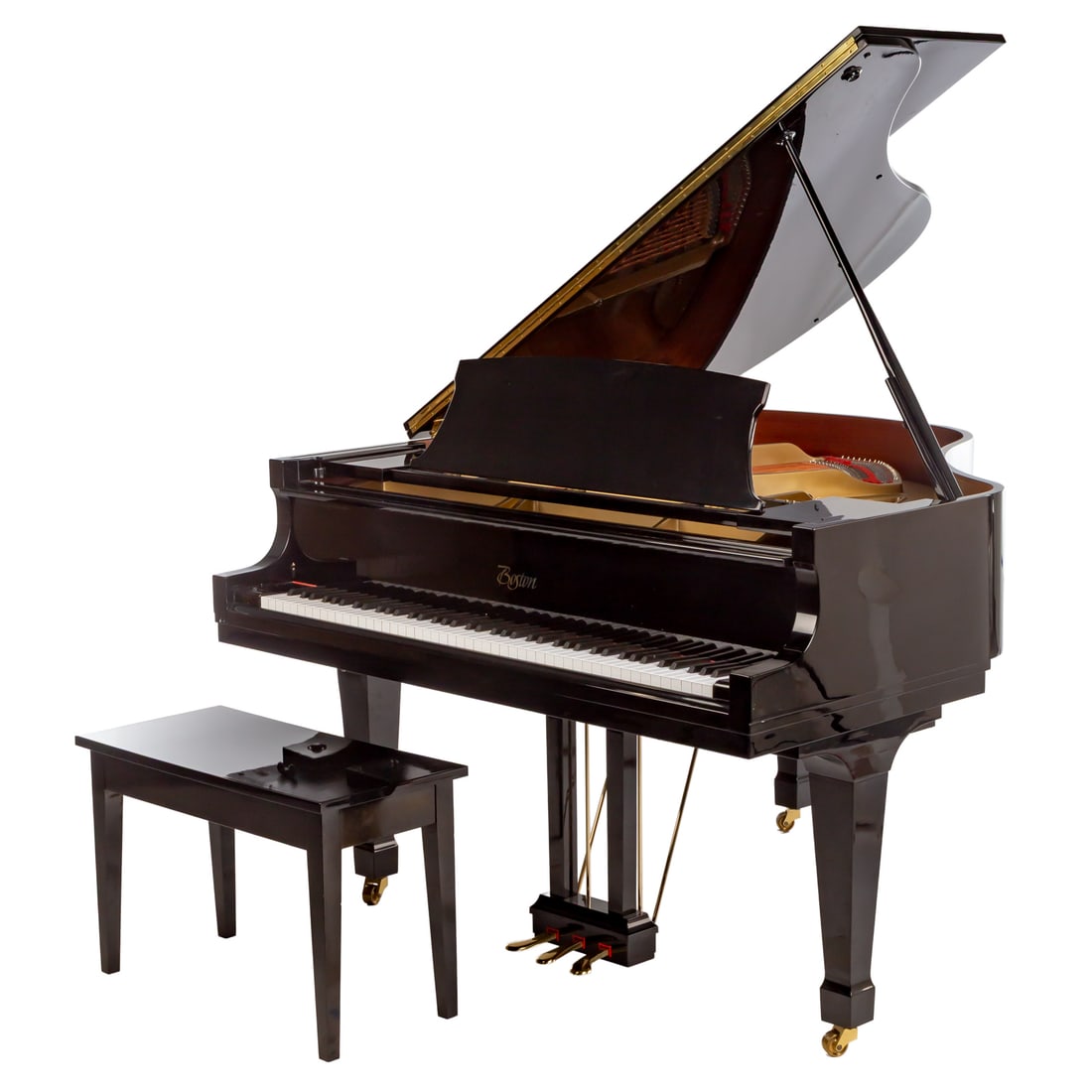 Boston Ebonized Baby Grand Piano: Serial number 112906, with matching bench, size closed: 40 in. H, 61 in. W, 59 in. D