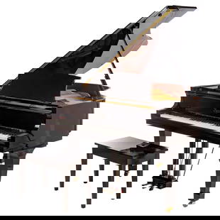 Boston Ebonized Baby Grand Piano: Serial number 112906, with matching bench, size closed: 40 in. H, 61 in. W, 59 in. D