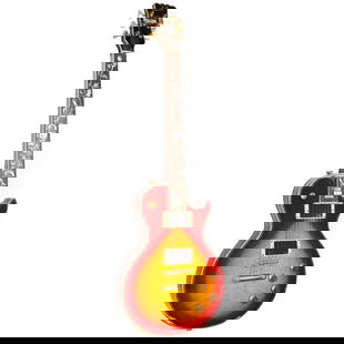Dillion Custom LP Style Electric Guitar: Dillion, North Carolina, 1990; Les Paul style, mother of pearl inlaid fret board, gold toned hardware, body with inlaid trim, two EMG pickups, cherry tiger stripe sunburst finish. Includes EMG pickup,
