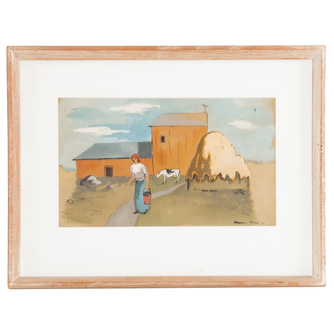Herman Maril. Farm Woman, gouache: (American, 1908-1986) Gouache on paper, 1938, signed "Herman Maril" lr, sight size: 9 1/2 x 16 in., framed size: 18 x 23 1/2 in. Acquired from the artist, from the Collection of the Pines Family, Balt